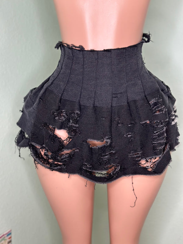 Ripped Denim Pleated Skirt #012