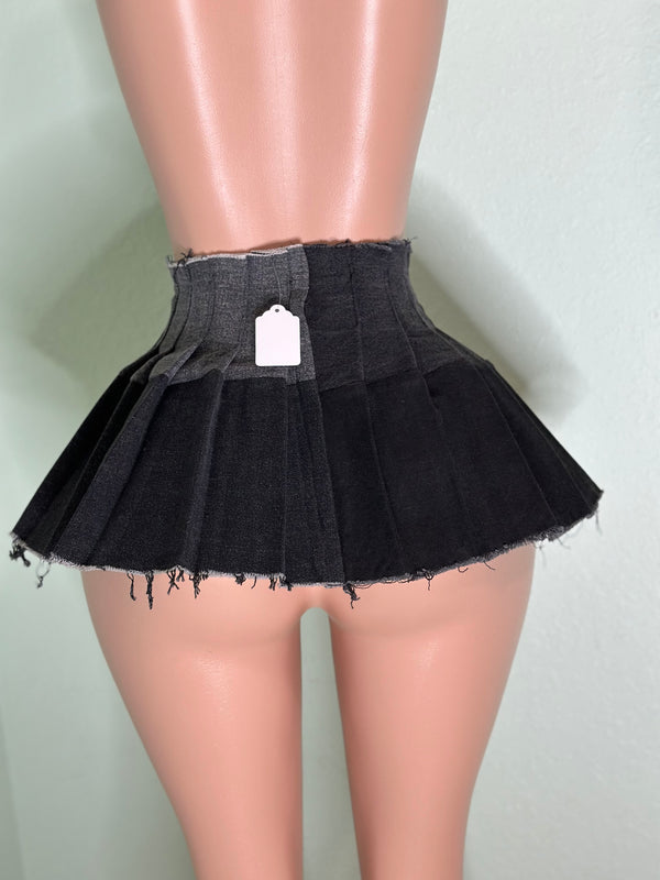 Black Denim Pleated Skirt #052