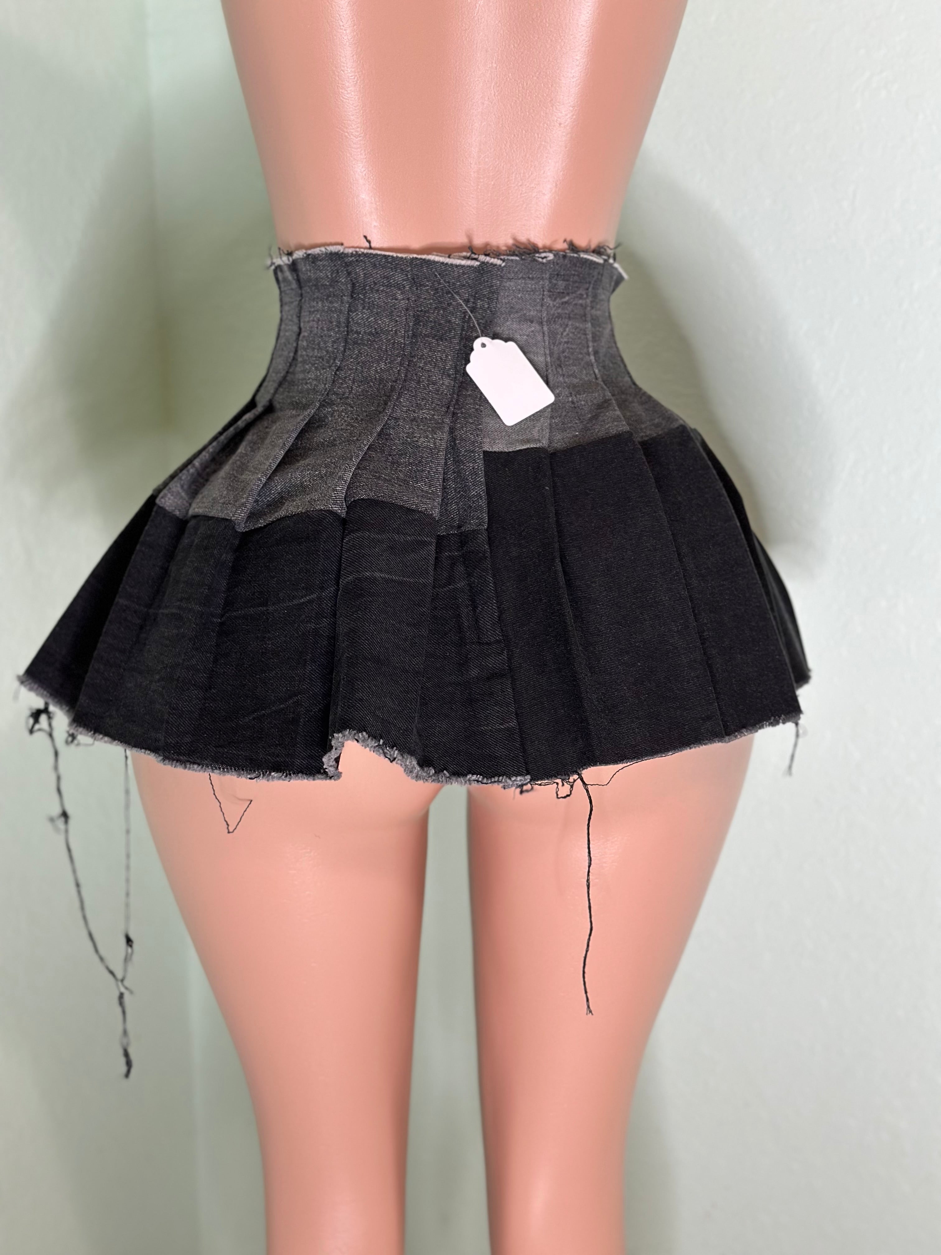 Black Denim Pleated Skirt #055