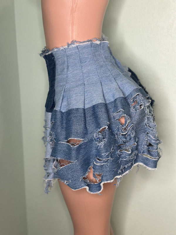 Ripped Denim Pleated Skirt #0003