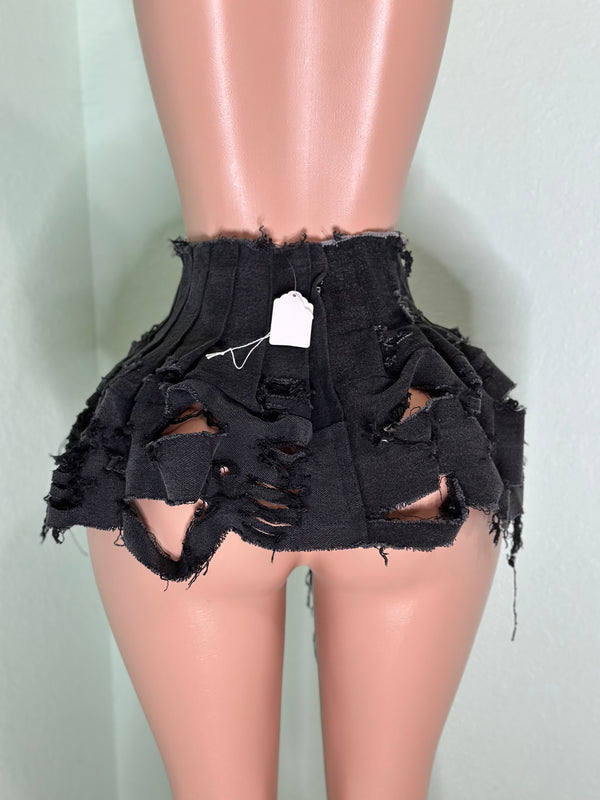 Black Ripped Denim Pleated Skirt #009