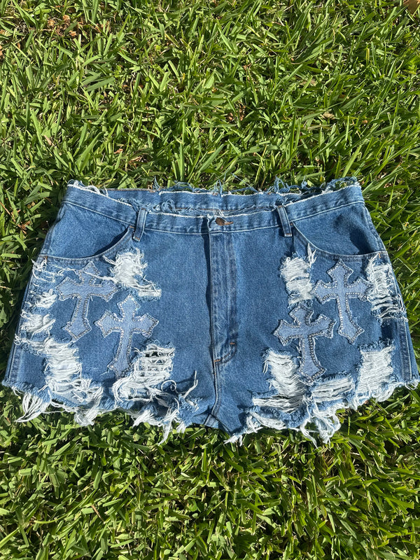 RHINESTONE CHROME HEART SHORTS