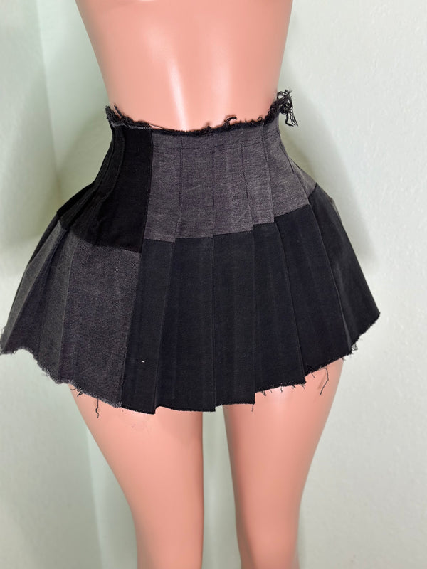 Black Denim Pleated Skirt #043