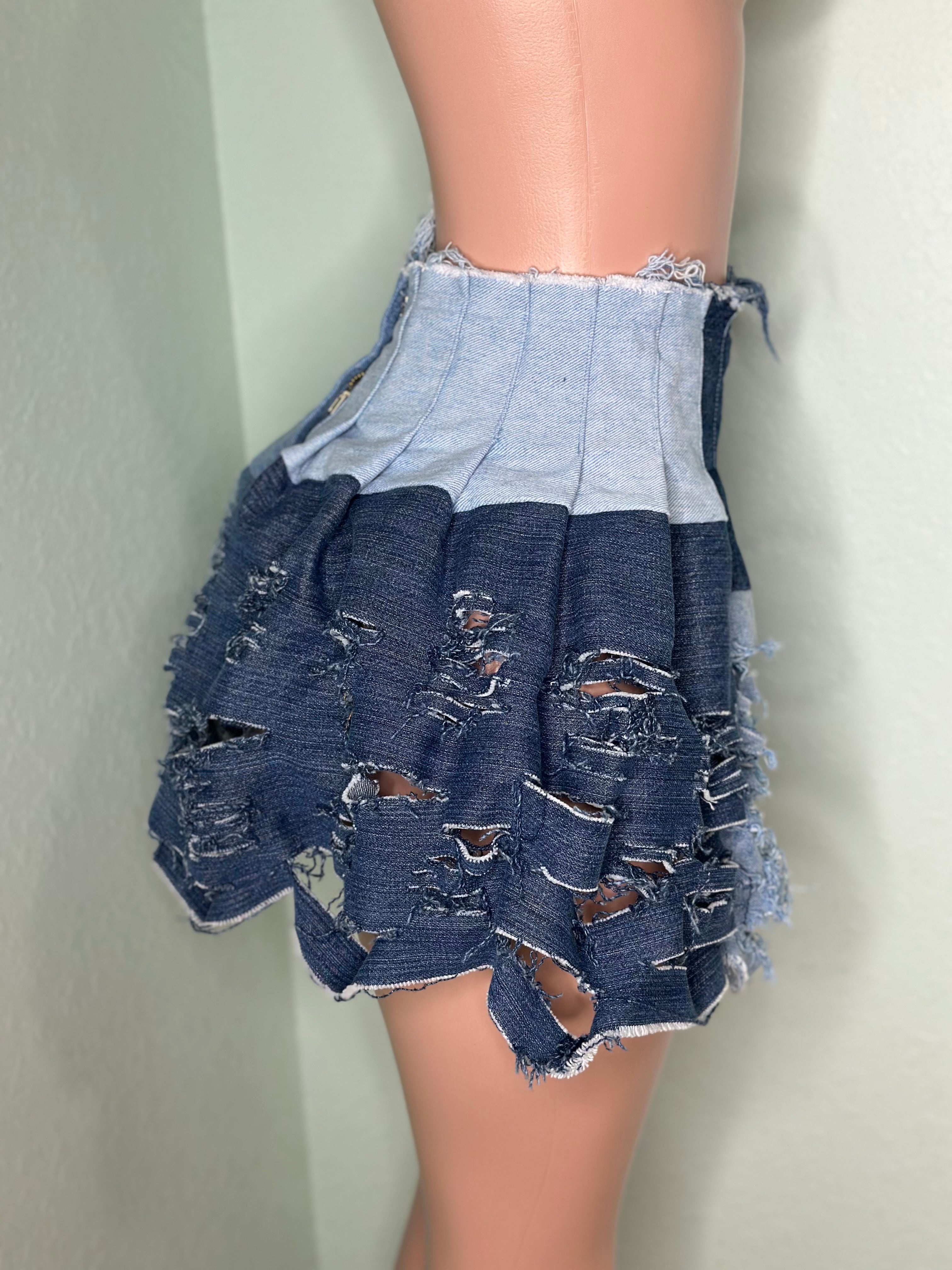 Ripped Denim Pleated Skirt #0002