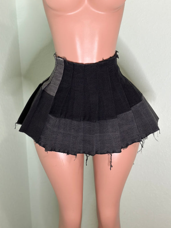 Black Denim Pleated Skirt #055