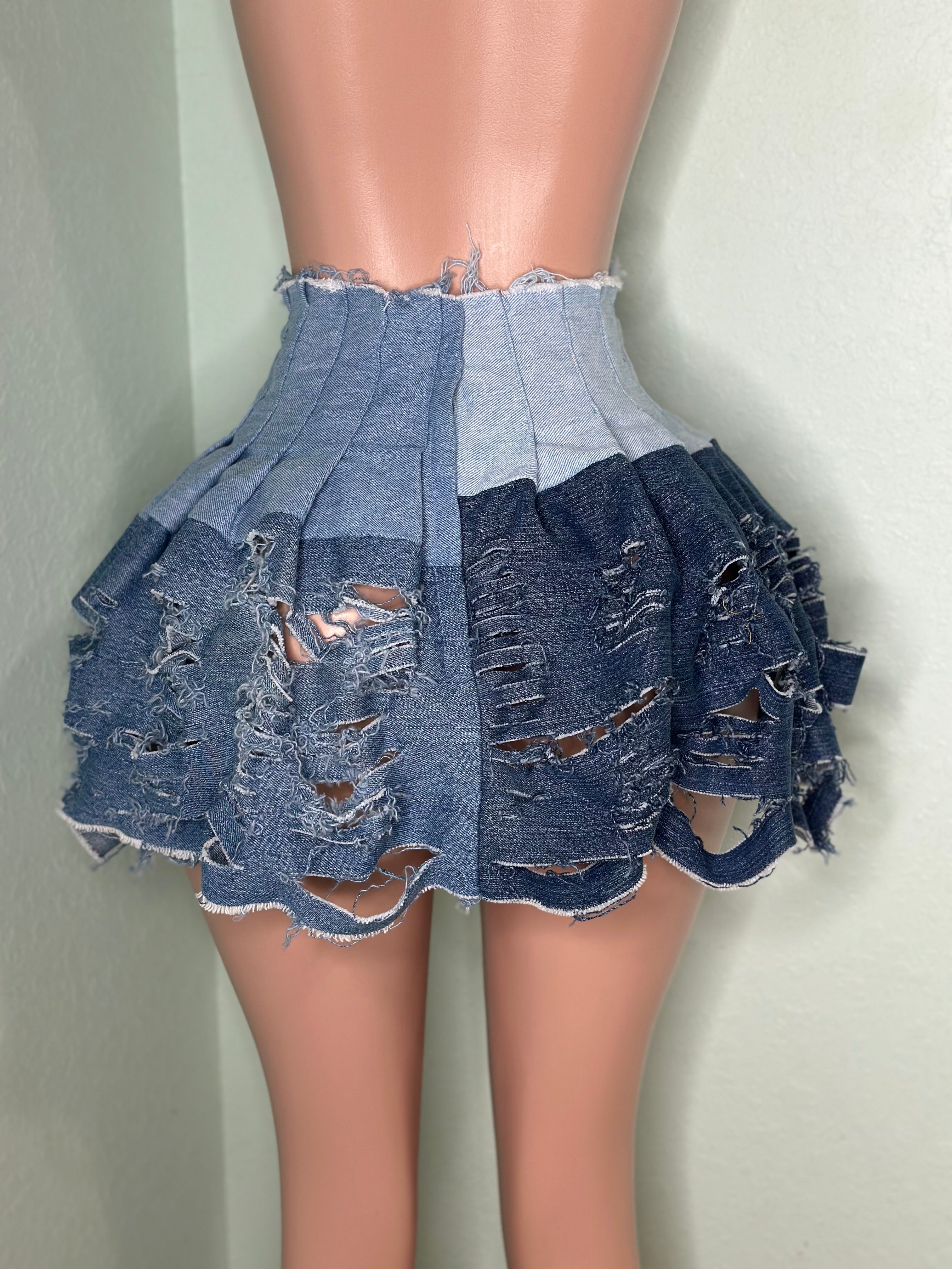 Ripped Denim Pleated Skirt #0002