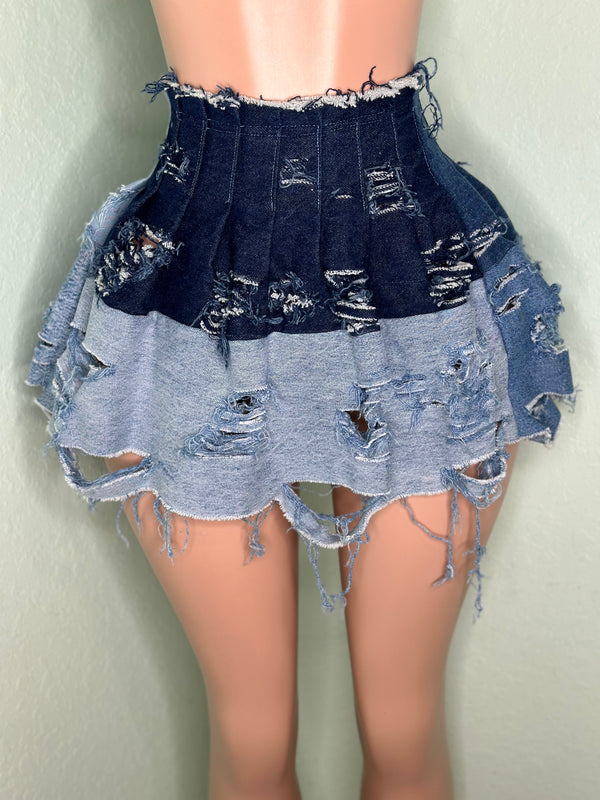 Ripped Denim Pleated Skirt #013