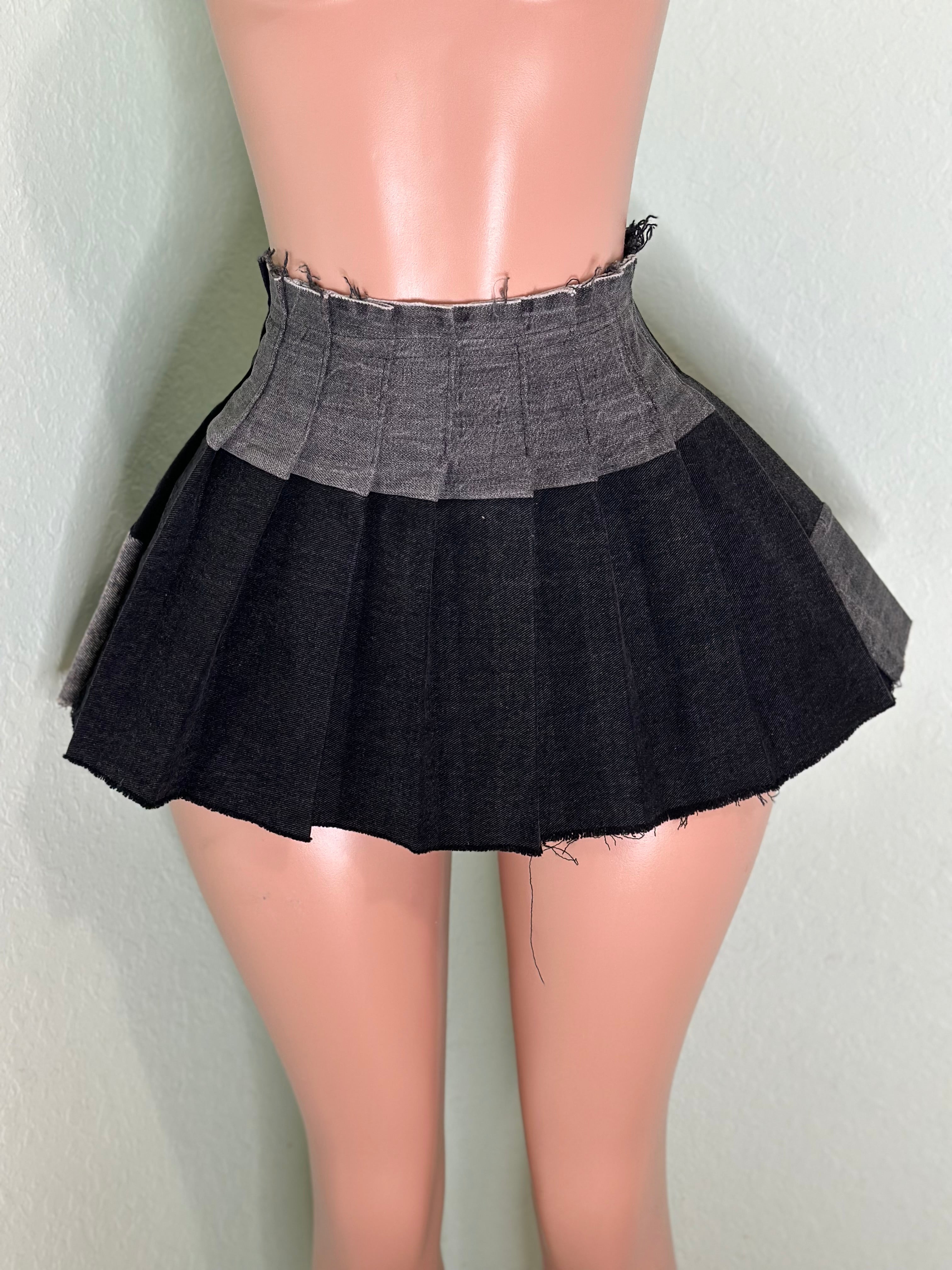 Black Denim Pleated Skirt #056