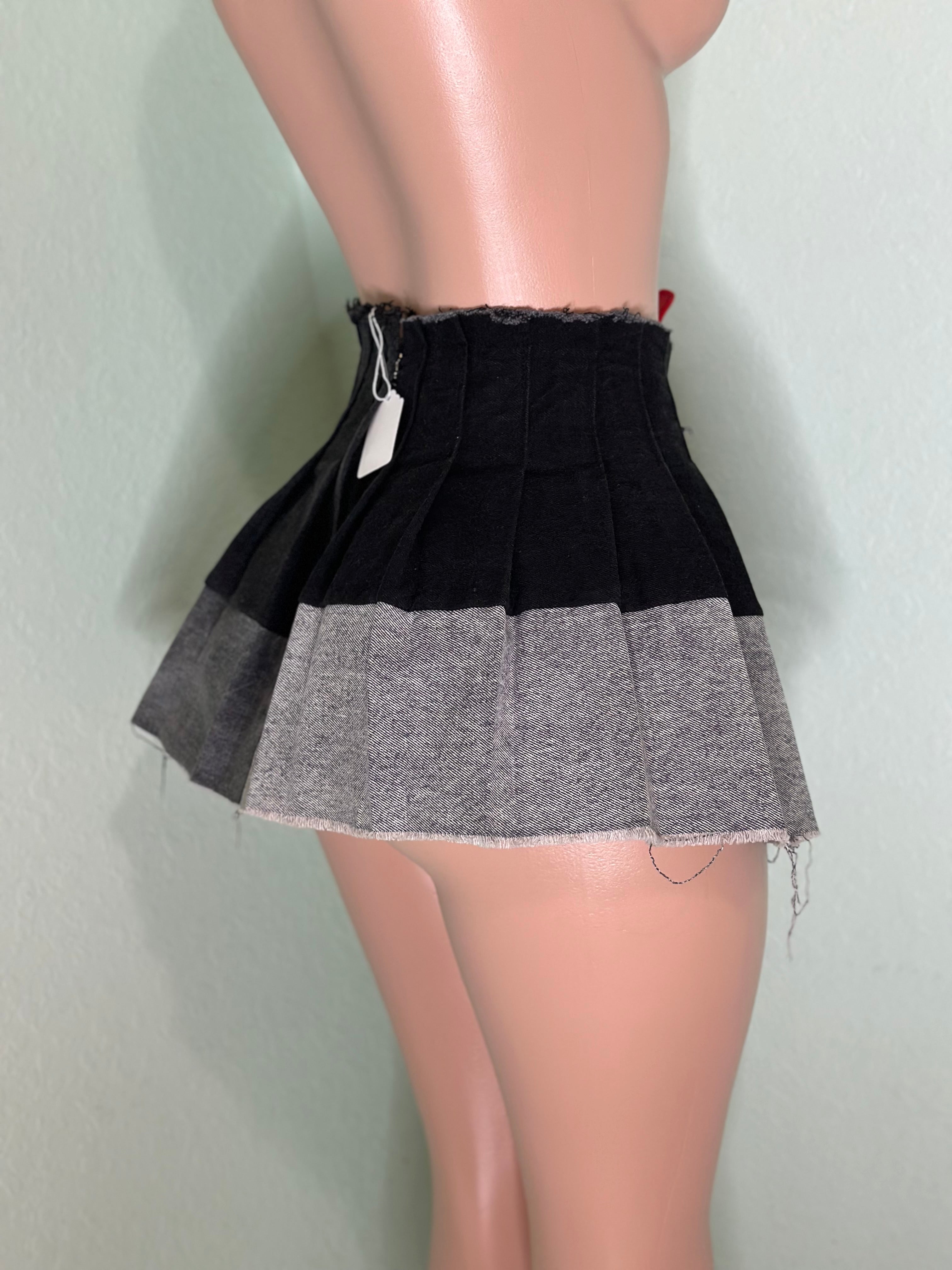 Black Denim Pleated Skirt #056