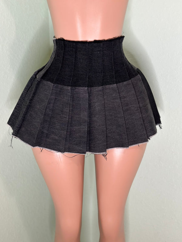 Black Denim Pleated Skirt #047
