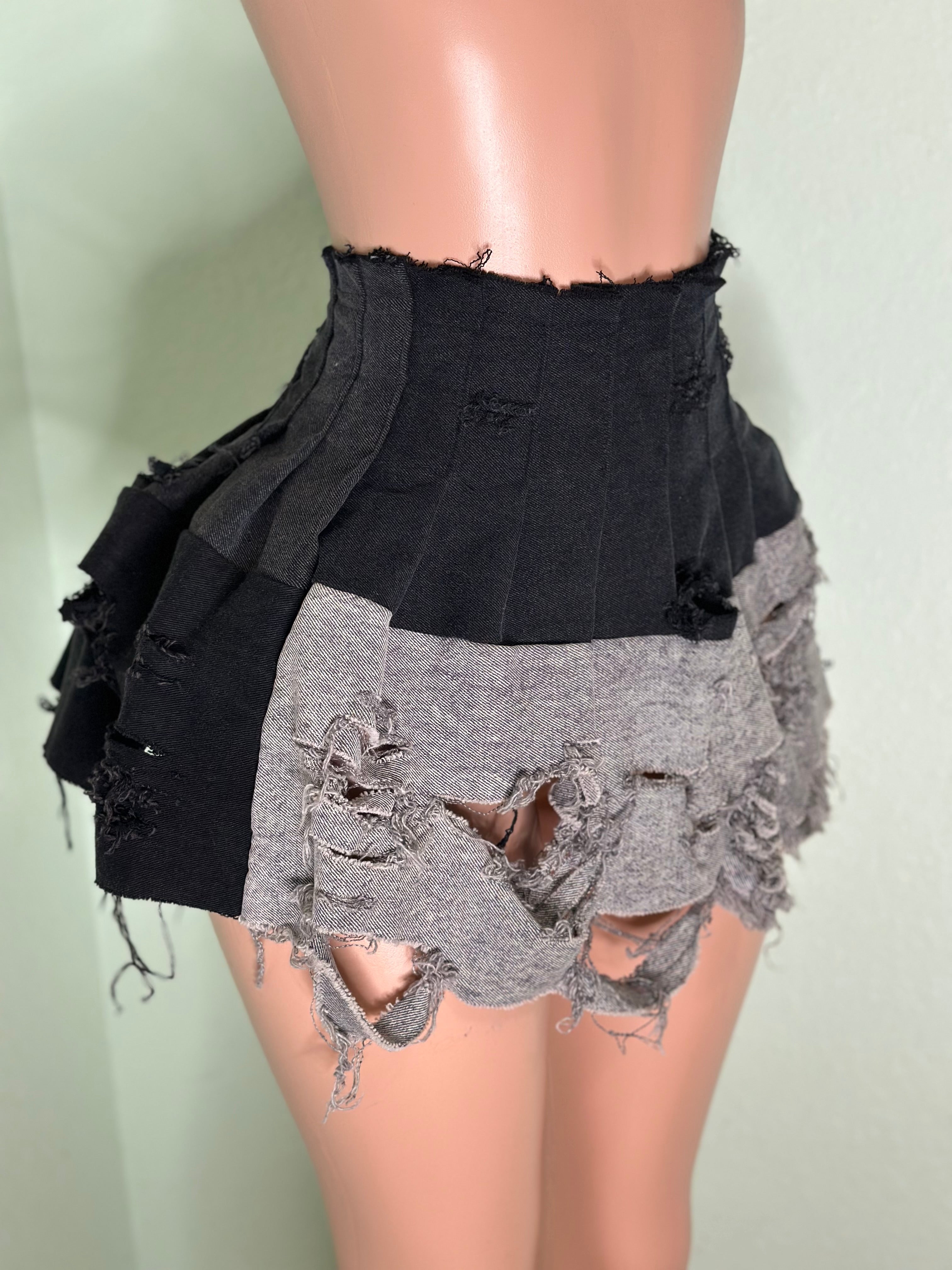 Ripped Denim Pleated Skirt #017