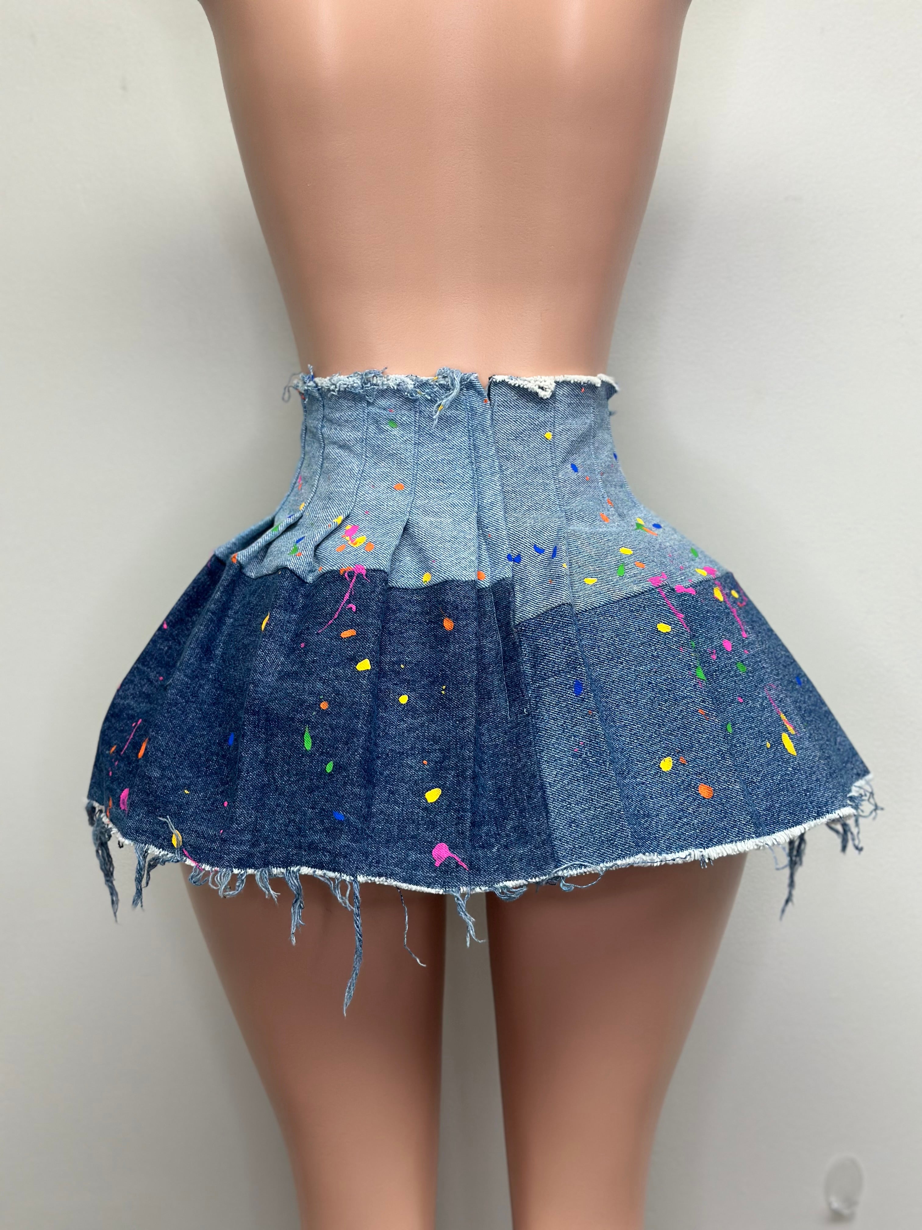 Painted Denim Pleated Skirt