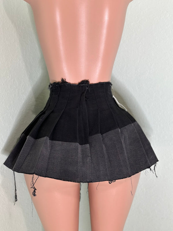 Black Denim Pleated Skirt #048