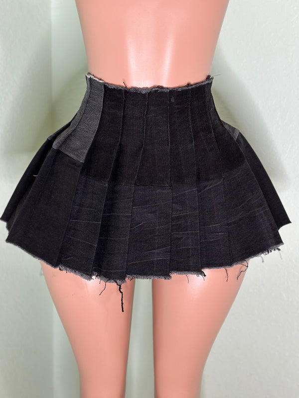 Black Denim Pleated Skirt #018